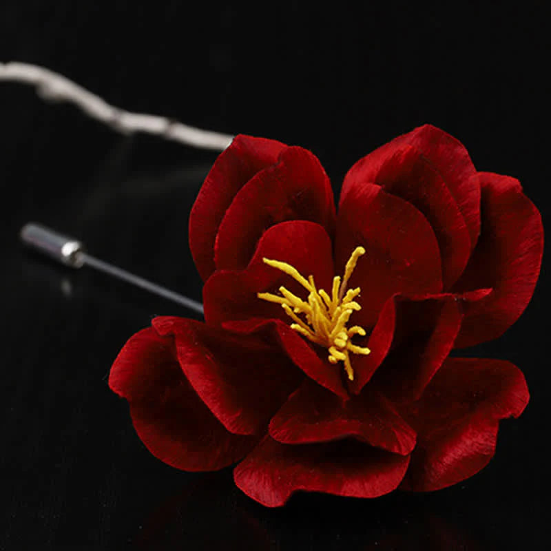Buddha Stones Cultural Heritage Handcrafted Silk Art Red Camellia Blessing Sincerity Brooch