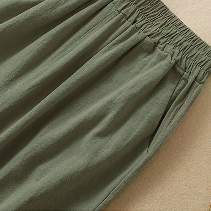 Buddha Stones High Waist Capri Cropped Women's Wide Leg Cotton Pants With Pockets