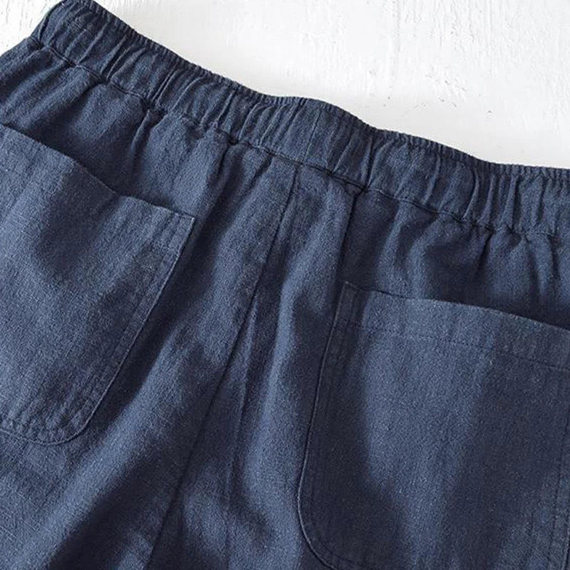 Buddha Stones Summer Solid Color Drawstring Elastic Waist Men's Cotton Linen Shorts With Pockets