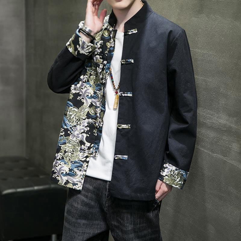 Buddha Stones Printed Color Contrast Dragon Pattern Frog-button Long Sleeve Men's Cotton Jacket