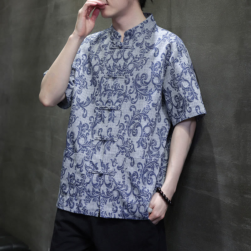 Buddha Stones Summer Floral Vine Pattern Tang Suit Men's Frog-Button Short Sleeve Shirt With Pockets