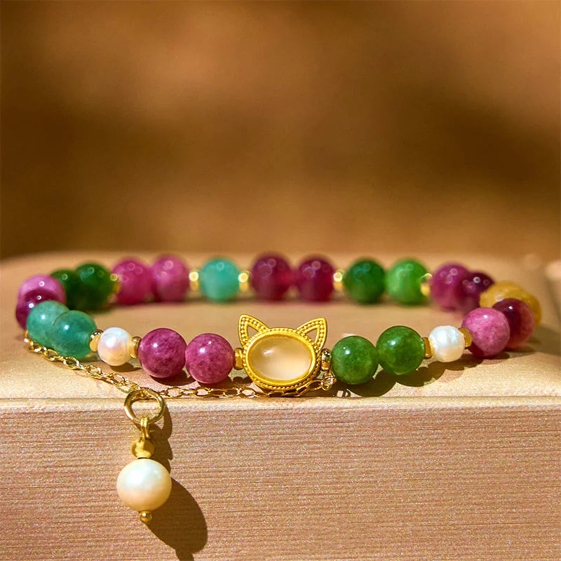 Buddha Stones Colorful Tourmaline Lucky Cat Positive Bracelet