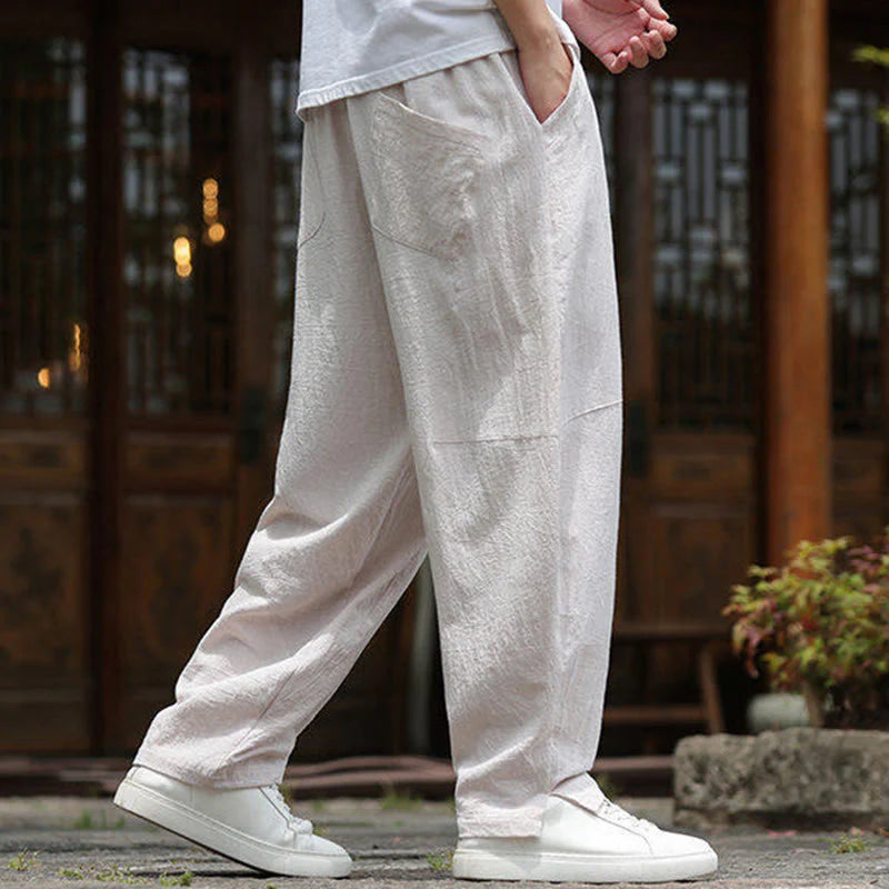 Buddha Stones Solid Drawstring Men's Elastic Waistband Cotton Linen Pants With Pockets