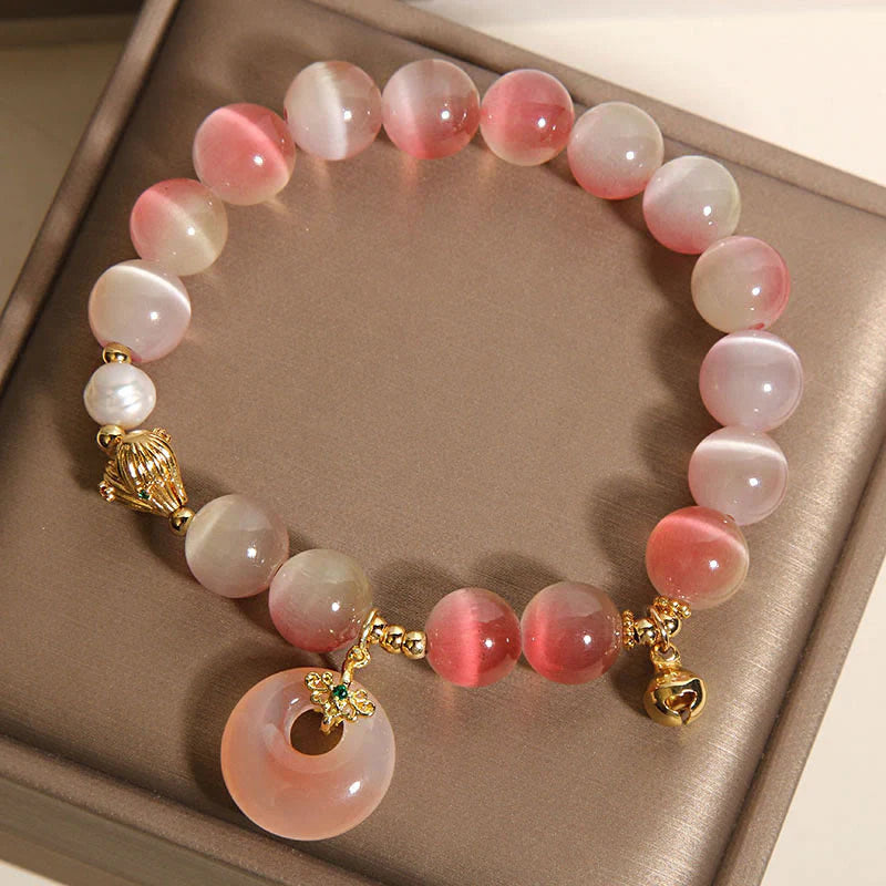 Buddha Stones Natural Peace Buckle Gradient Pink Cat's Eye Yanyuan Agate Peace Bracelet