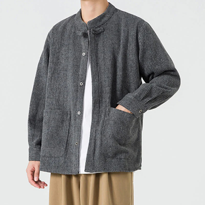 Buddha Stones Long Sleeve Frog-button Design Men's Cotton Jacket Shirt With Pockets