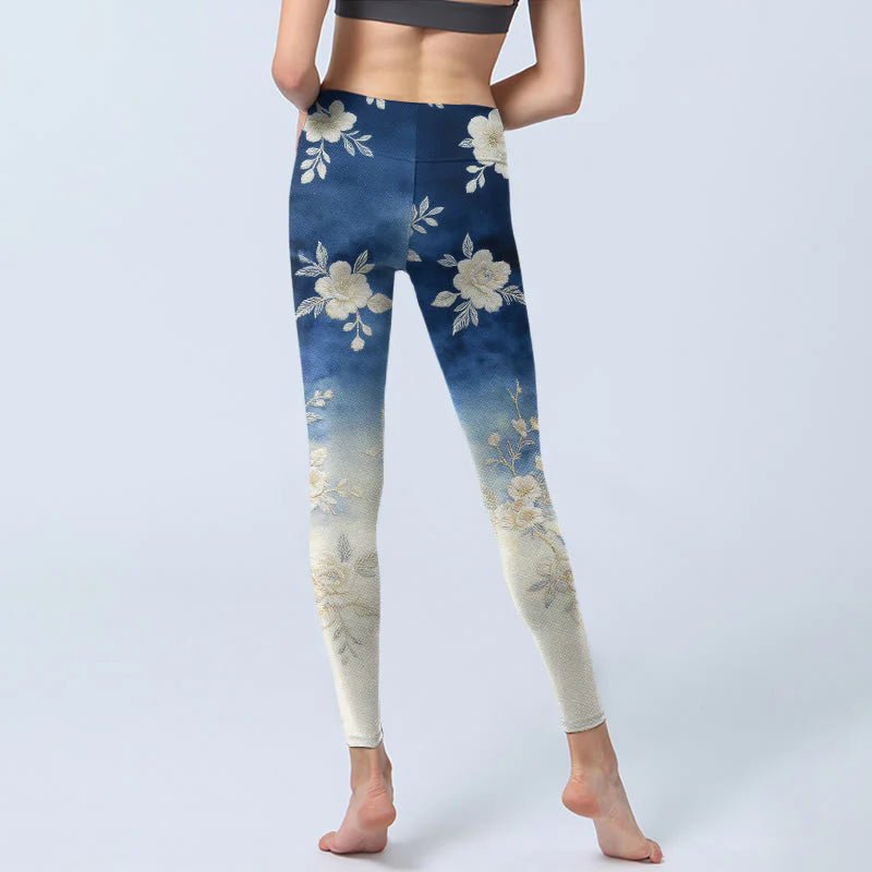 Buddha Stones Elegant Refined Flower Pattern Print Gym Leggings Women's Yoga Pants
