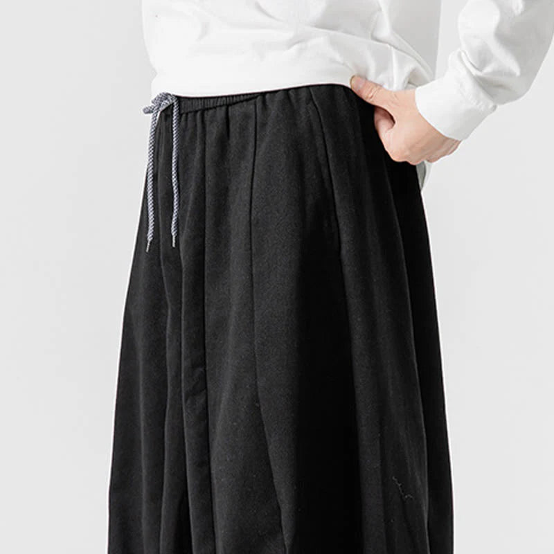 Buddha Stones Winter Commute Plain Drawstring Design Men's Wide Leg Cotton Pants With Pockets