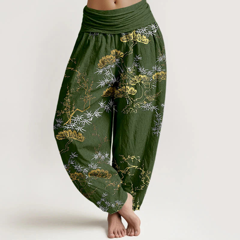 Buddha Stones Pure Cotton Pine Bamboo Plum Pattern Women's Elastic Waist Harem Pants