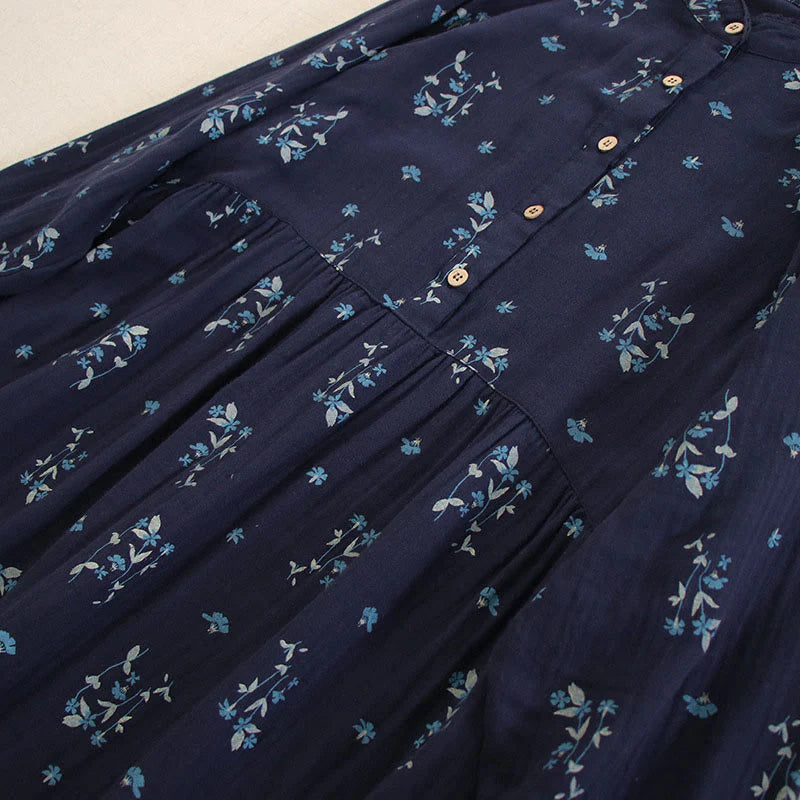 Buddha Stones Spring Small Floral Print Buttons Design Crew Neck Long Sleeve Midi Dress With Pockets