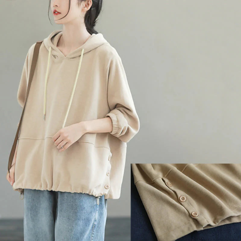 Buddha Stones Fall Solid Color Side Buttons Cotton Long Sleeve Women's Hoodie