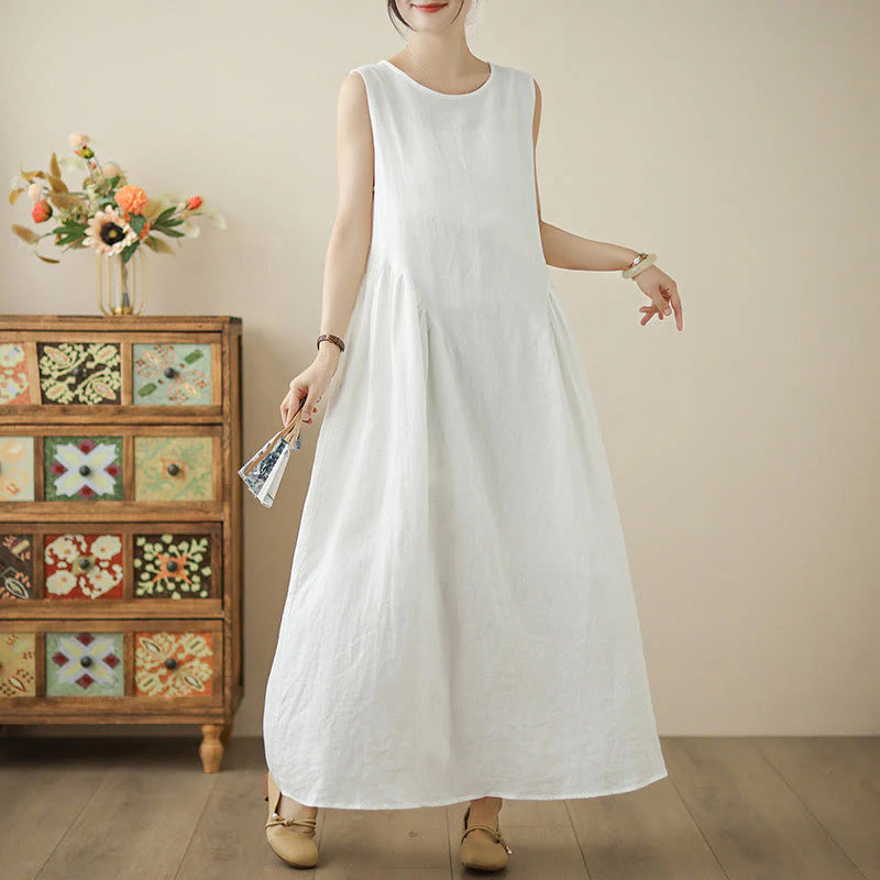 Buddha Stones FloralWhite Casual Back Buttons Design Sleeveless Cotton Midi Dress With Pockets