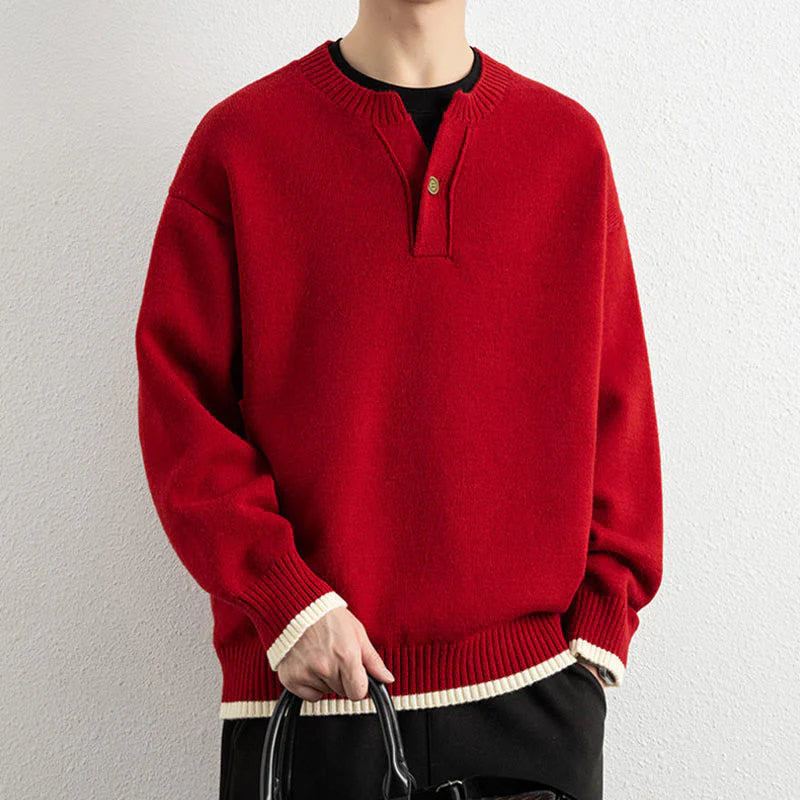 Buddha Stones Winter V-Neck One Button Design Warm Men's Long Sleeve Knitted Sweater