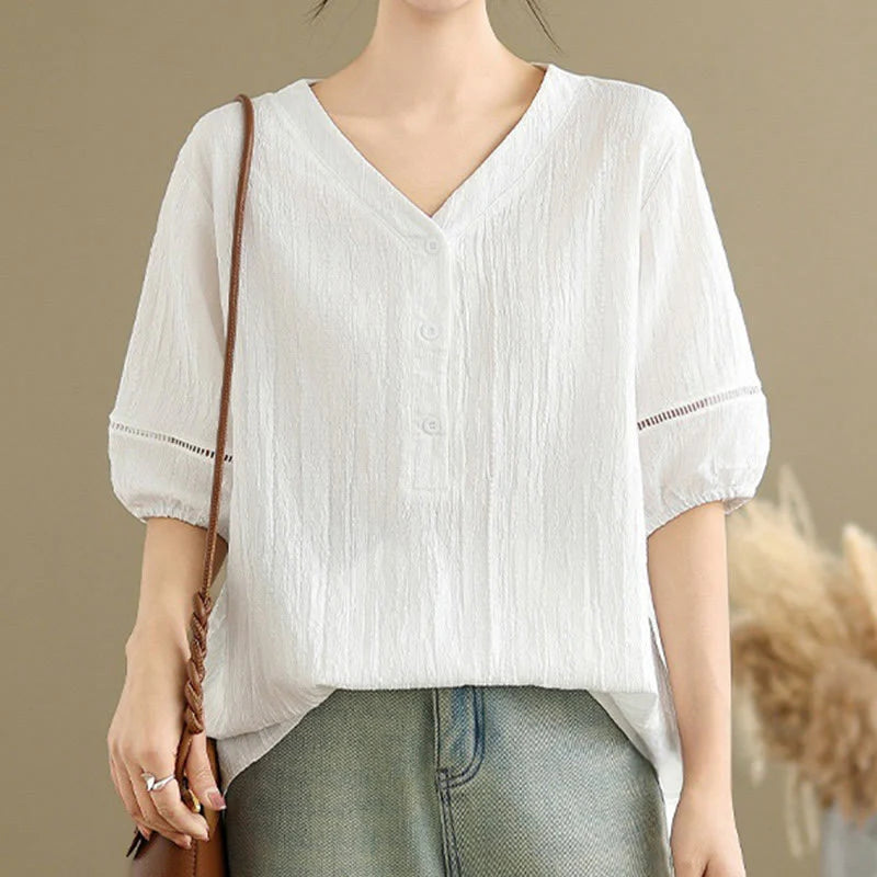 Buddha Stones Casual Plain Button V-Neck Women's Polyester Short Sleeve Shirt