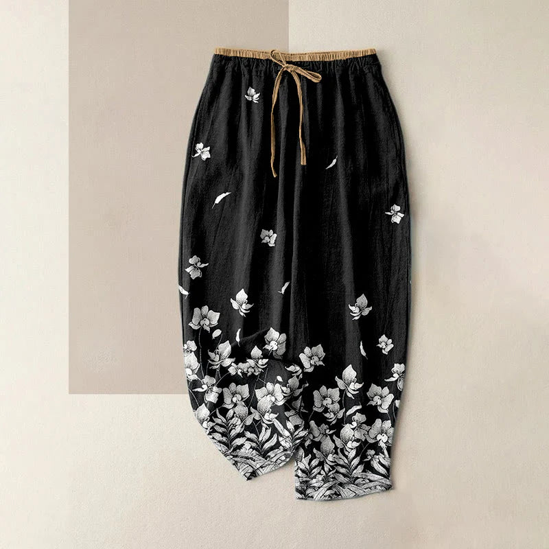 Buddha Stones Pure Cotton Flower Petal Pattern Women's Elastic Waist Pants With Pockets