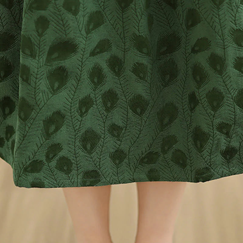 Buddha Stones Leaf Pattern Stand Collar Long Sleeve Cotton Midi Dress With Pockets