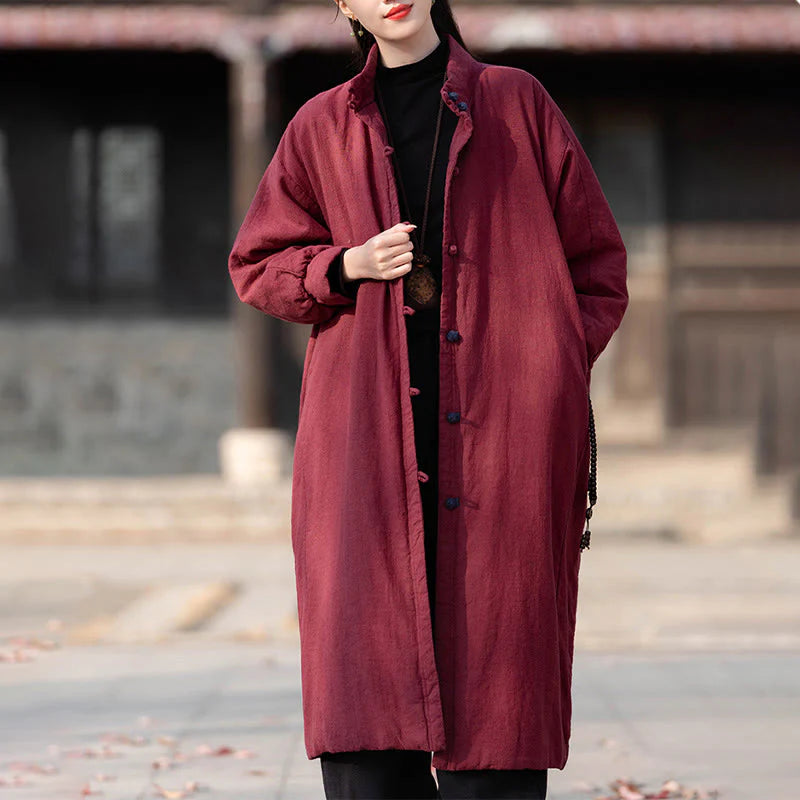 Buddha Stones Winter Solid Frog-Button Ramie Cotton Women's Long Sleeve Thermal Coat With Pockets