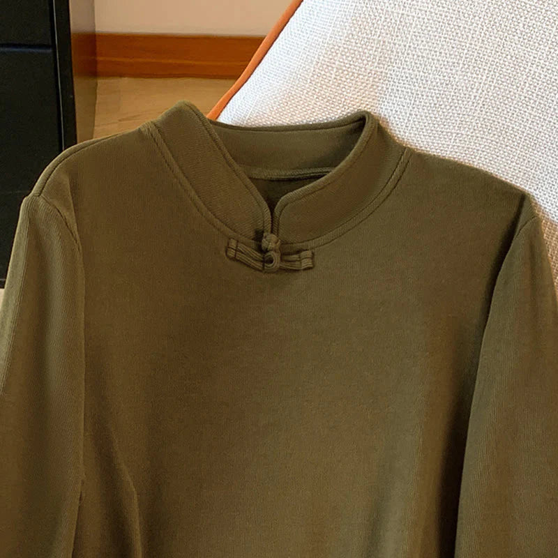 Buddha Stones Spring Solid Color Stand Collar Frog-button Design Women's Cotton Long Sleeve Shirt