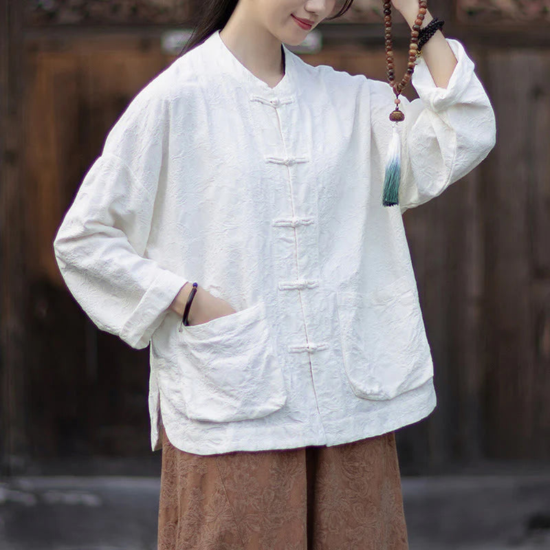 Buddha Stones Fall Jacquard Women's Frog-Button Long Sleeve Shirt Pants Cotton Linen Clothing