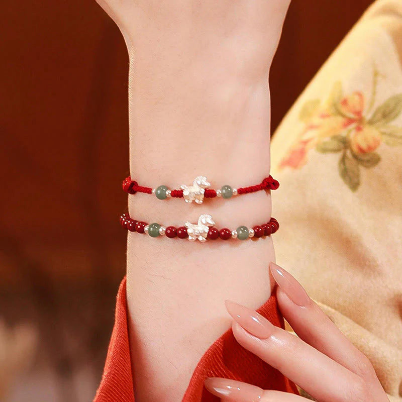 Buddha Stones Year of the Horse Cinnabar Jade Red String Blessing Bracelet