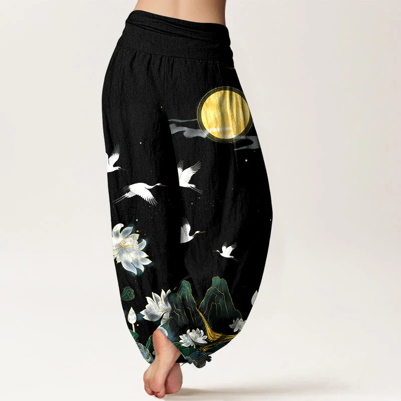 Buddha Stones Pure Cotton Crane Blooming Lotus Moon Mountain Women's Elastic Waist Harem Pants
