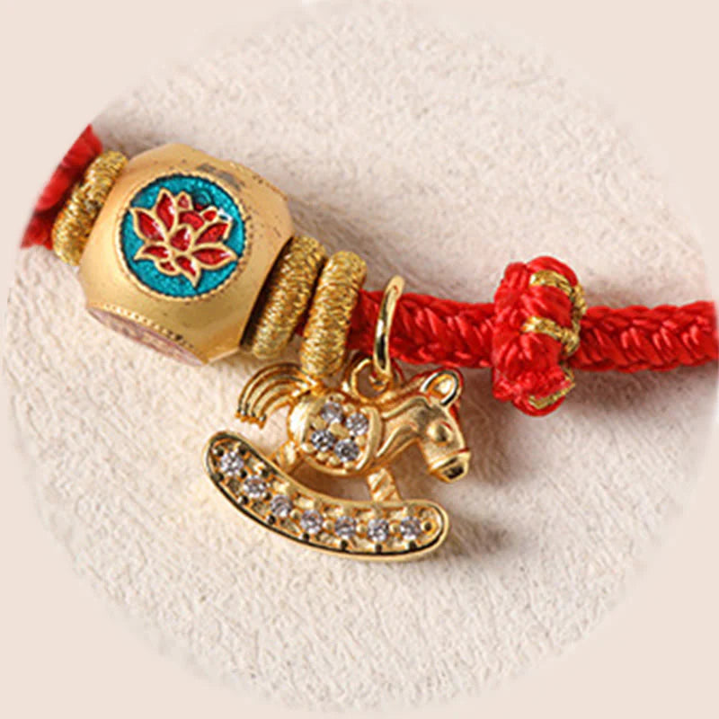 Buddha Stones Year Of The Horse Copper Red String Fu Character Lotus Luck Bracelet