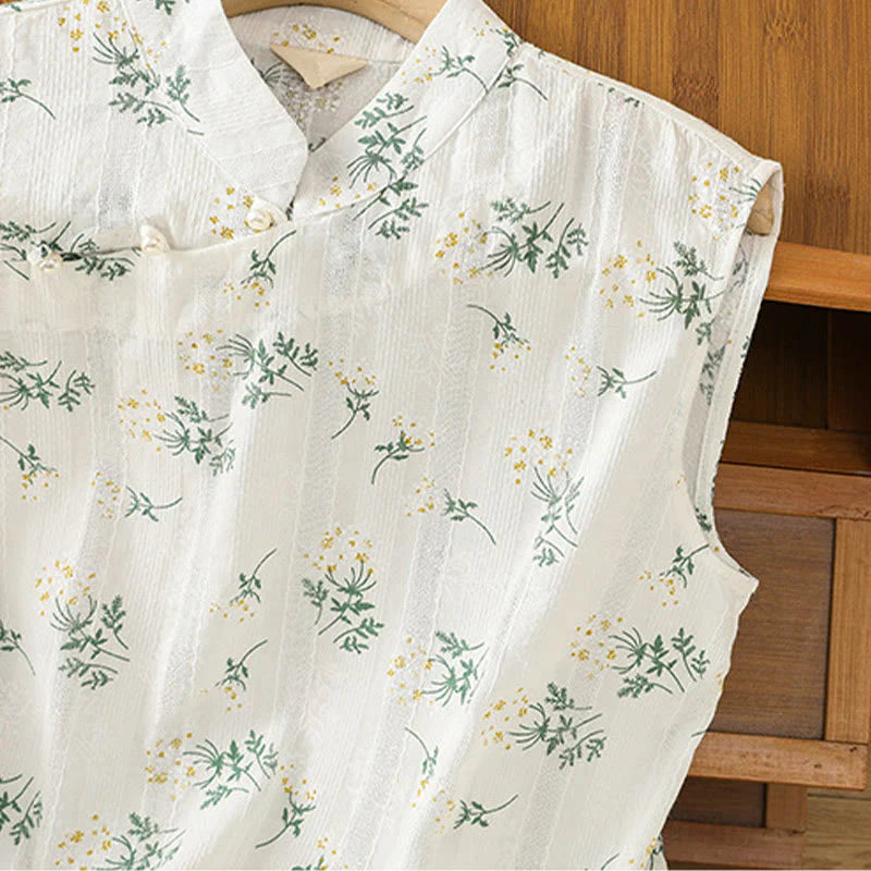 Buddha Stones Retro Printing Floral Plant Pattern Chinese Frog-Button Design Women's Cotton Sleeveless Vest