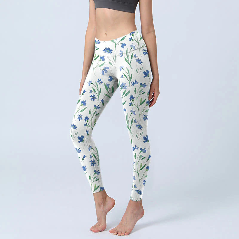 Buddha Stones White Flowers Leaf Pattern Print Gym Leggings Women's Yoga Pants