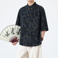 Buddha Stones Summer Dragon Auspicious Clouds Pattern Tang Suit Men's Frog-Button Half Sleeve Cotton Shirt