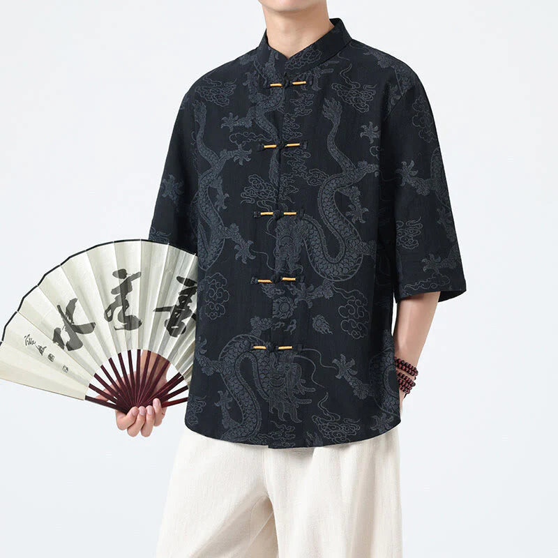 Buddha Stones Summer Dragon Auspicious Clouds Pattern Tang Suit Men's Frog-Button Half Sleeve Cotton Shirt