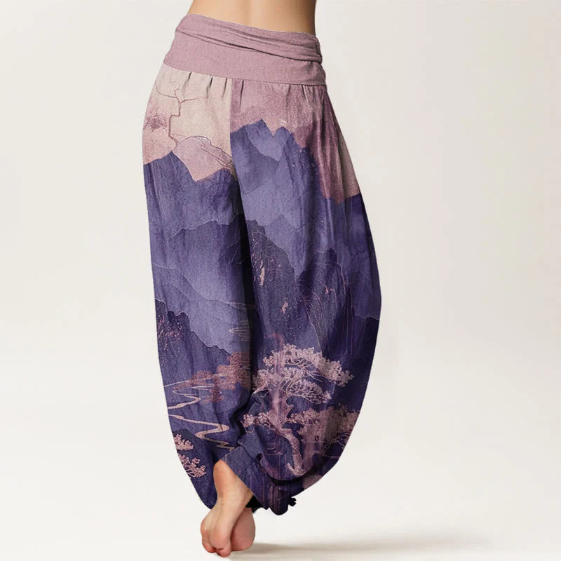 Buddha Stones Cotton Casual Mountains Trees Branches Pattern Women's Elastic Waist Harem Pants