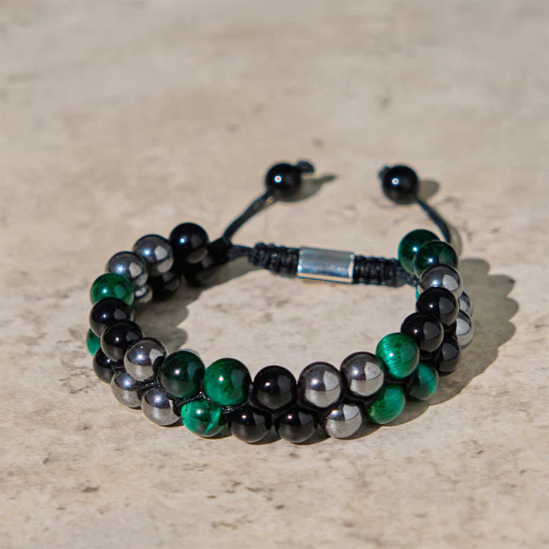 Buddha Stones Natural Green Tiger Eye Black Magnetite Black Obsidian Double Row Beads Positive Bracelet