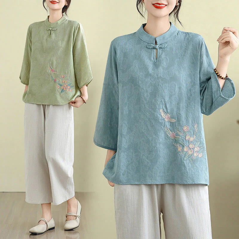 Buddha Stones Flower Embroidery Three Quarter Sleeve One Frog-Button Mandarin Collar Cotton Women's Shirt