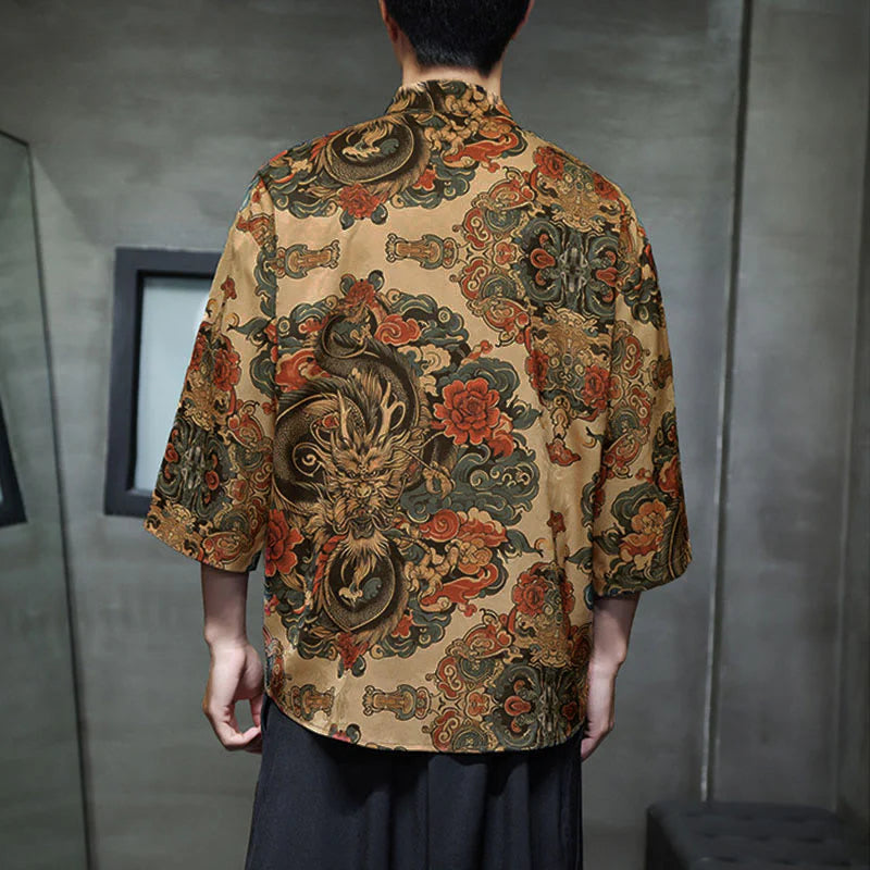 Buddha Stones Spring Frog-Button Dragon Mountain Flower Three Quarter Sleeve Tang Suit Men's Shirt With Pockets
