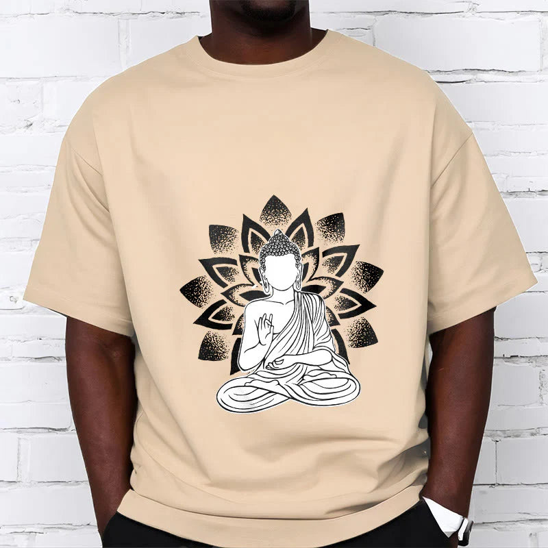 Buddha Stones Seated Buddha Lotus Flower Pattern Tee T-shirt