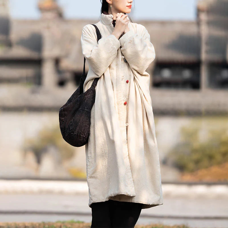 Buddha Stones Winter Solid Frog-Button Ramie Cotton Women's Long Sleeve Thermal Coat With Pockets