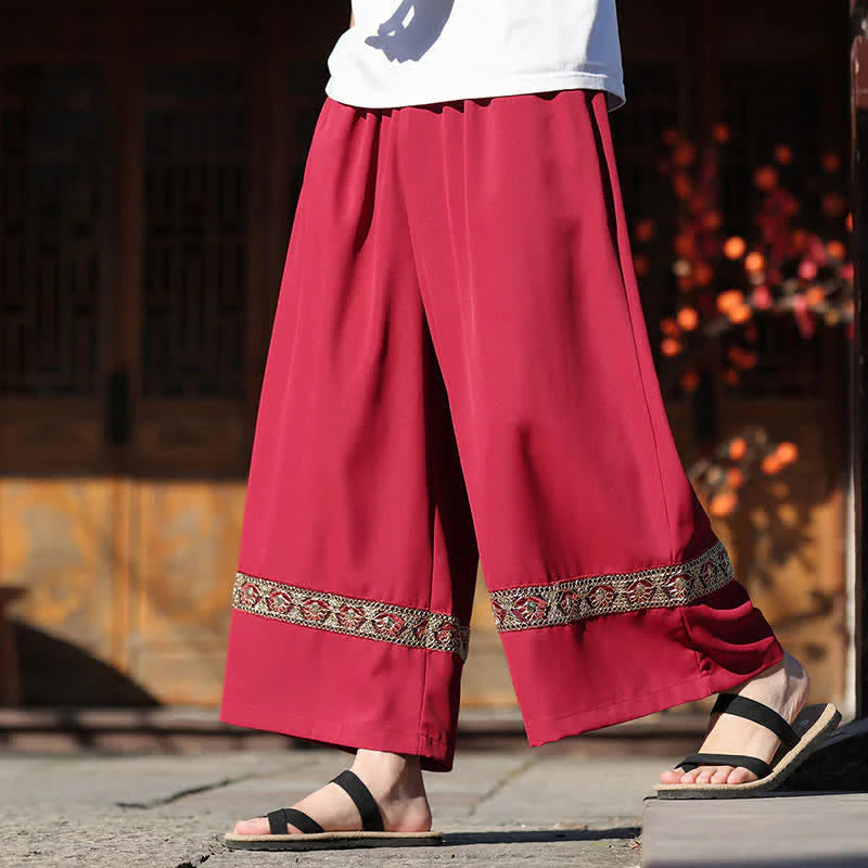 Buddha Stones Summer Cotton Embroidered Hem Elastic Waist Men's Cropped Wide Leg Pants With Pockets