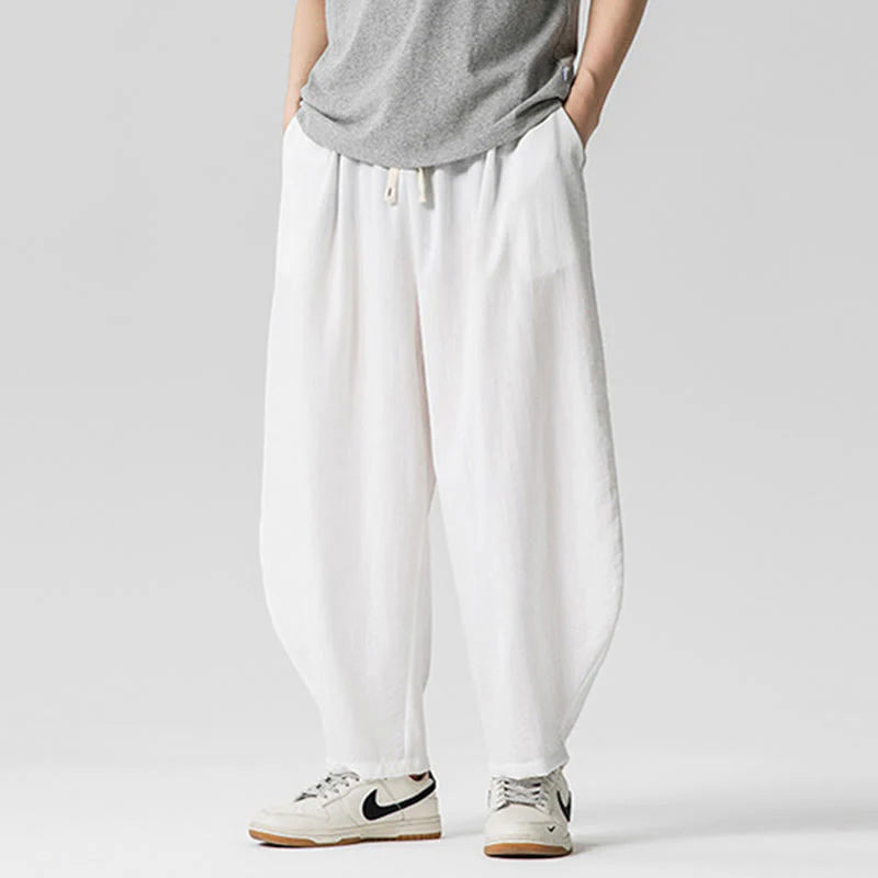 Buddha Stones Summer Pure Color Drawstring Men's Cotton Ankle-Length Pants With Pockets