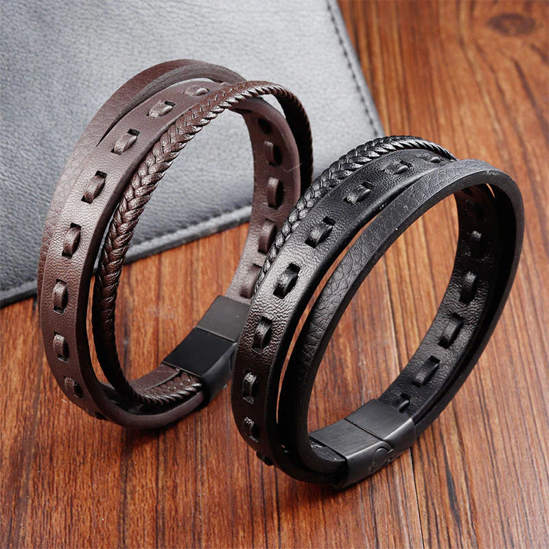 Buddha Stones Titanium Steel Buckle Multilayered Braided Leather Calm Bracelet
