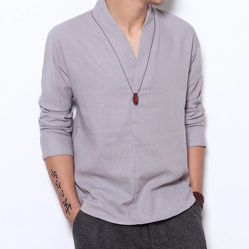 Buddha Stones Casual V-Neck Long Sleeve Shirt Linen Men Clothing