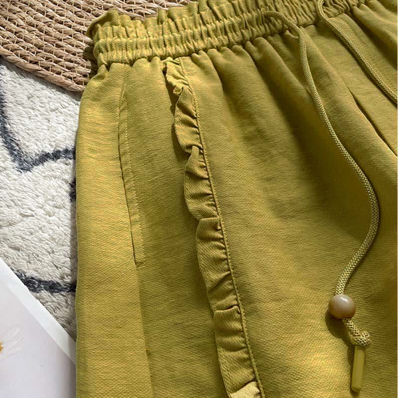 Buddha Stones Summer Drawstring Ruffle Elastic Waist Women's Shorts With Pockets