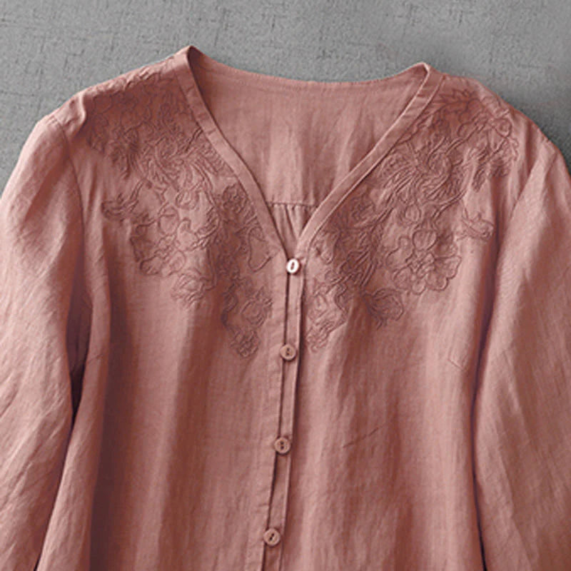 Buddha Stones Artistic Pure Color Embroidered Front Button Design Women's Cotton Half Sleeve Shirt Cardigan