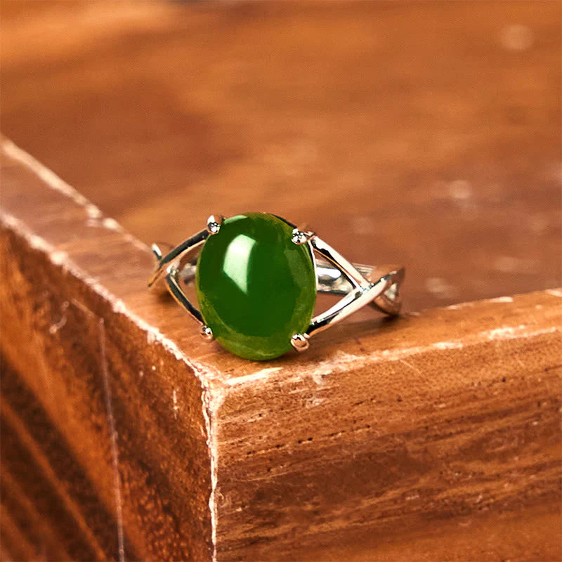 Buddha Stones Natural Jade Alloy Adjustable Buckle Abundance Ring