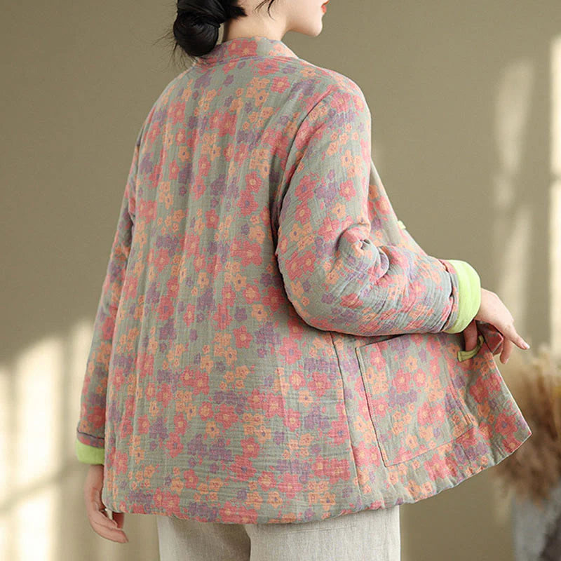 Buddha Stones Women's Winter Thicken Cotton Floral Pattern Long Sleeve Jacket With Pockets
