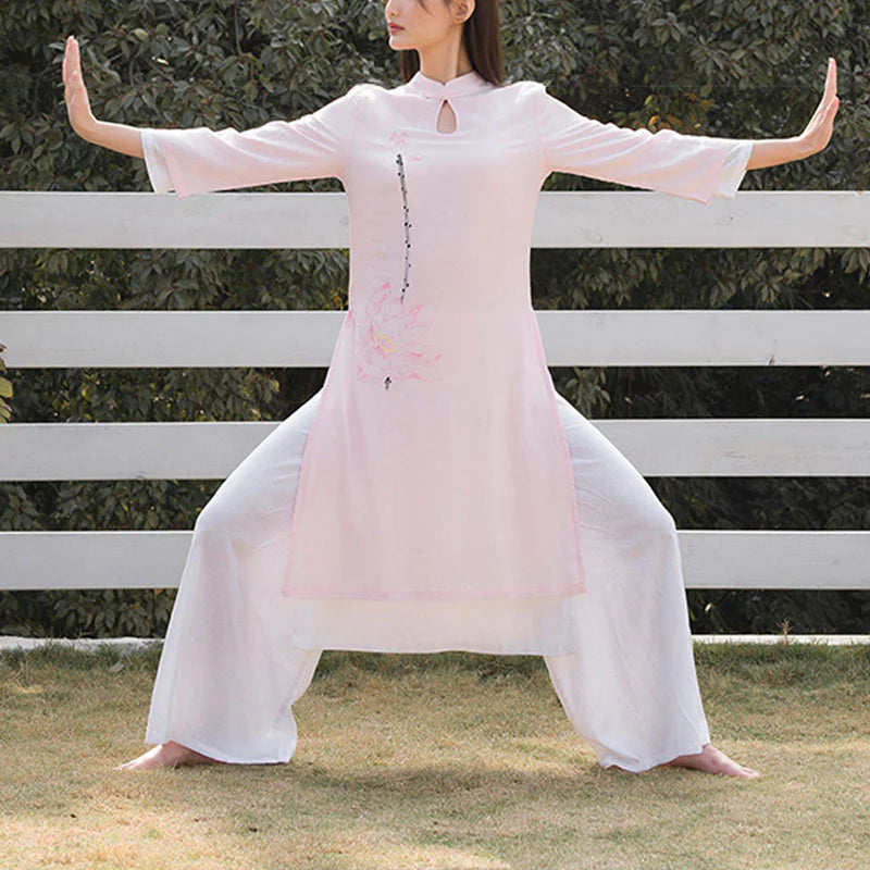 Buddha Stones 2Pcs Lotus Pattern Tai Chi Meditation Yoga Cotton Linen Clothing Top Pants Women's Set  (Extra 30% Off | USE CODE: FS30)