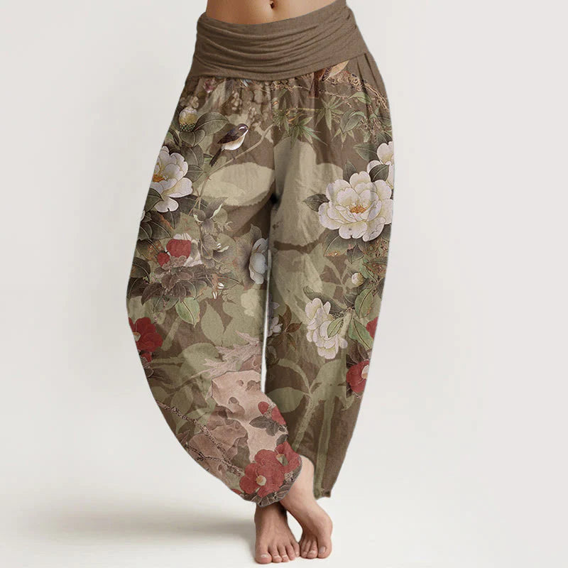Buddha Stones Pure Cotton Casual Peony Flowers Leaves Magpie Women's Elastic Waist Harem Pants