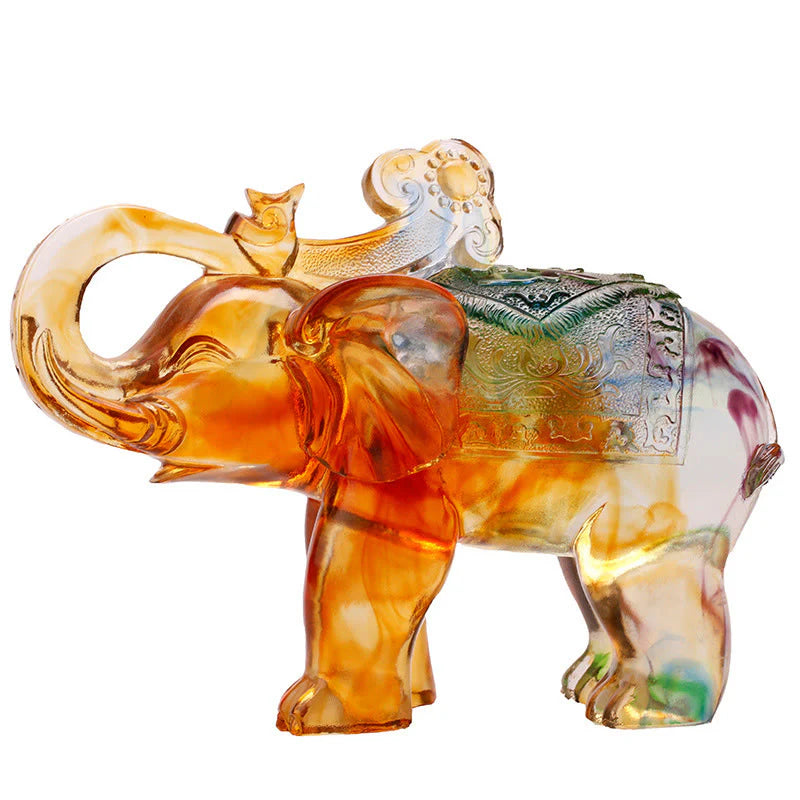Buddha Stones Handmade Liuli Crystal Elephant Art Piece Wisdom Wealth Home Decoration