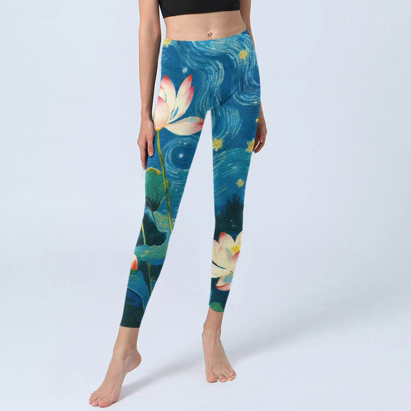 Buddha Stones Lotus Flowers Starry Sky Pattern Print Gym Leggings Women's Yoga Pants
