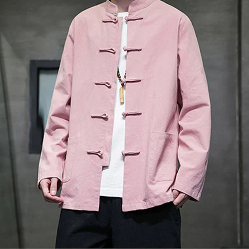Buddha Stones Solid Color Frog-button Tang Suit Cotton Linen Men's Jacket Shirt With Pockets