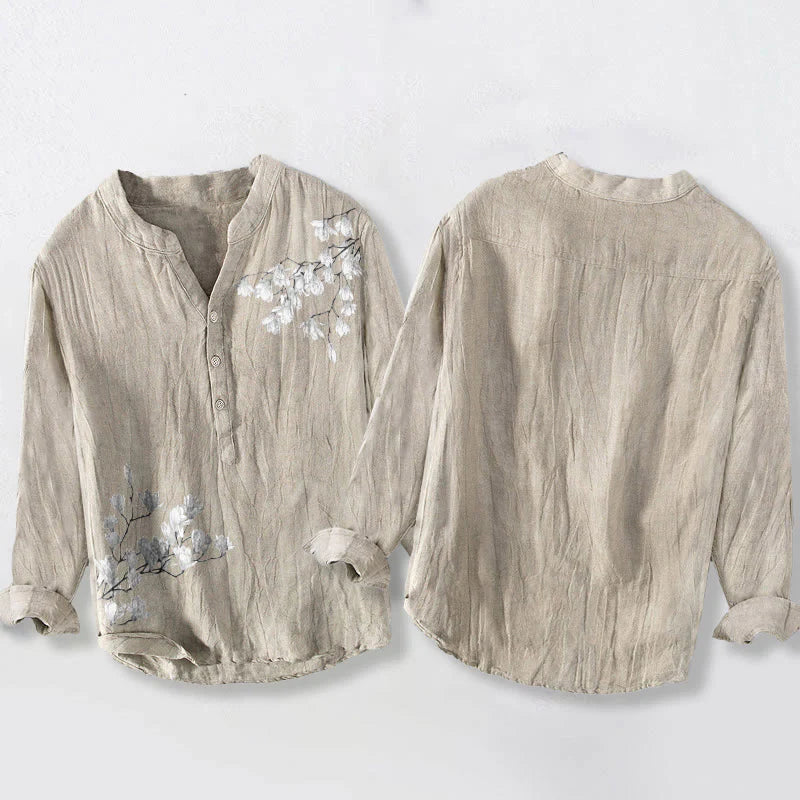 Buddha Stones Magnolia Flowers Branches Pattern Half Buttons Men's Cotton Linen Long Sleeve Shirt