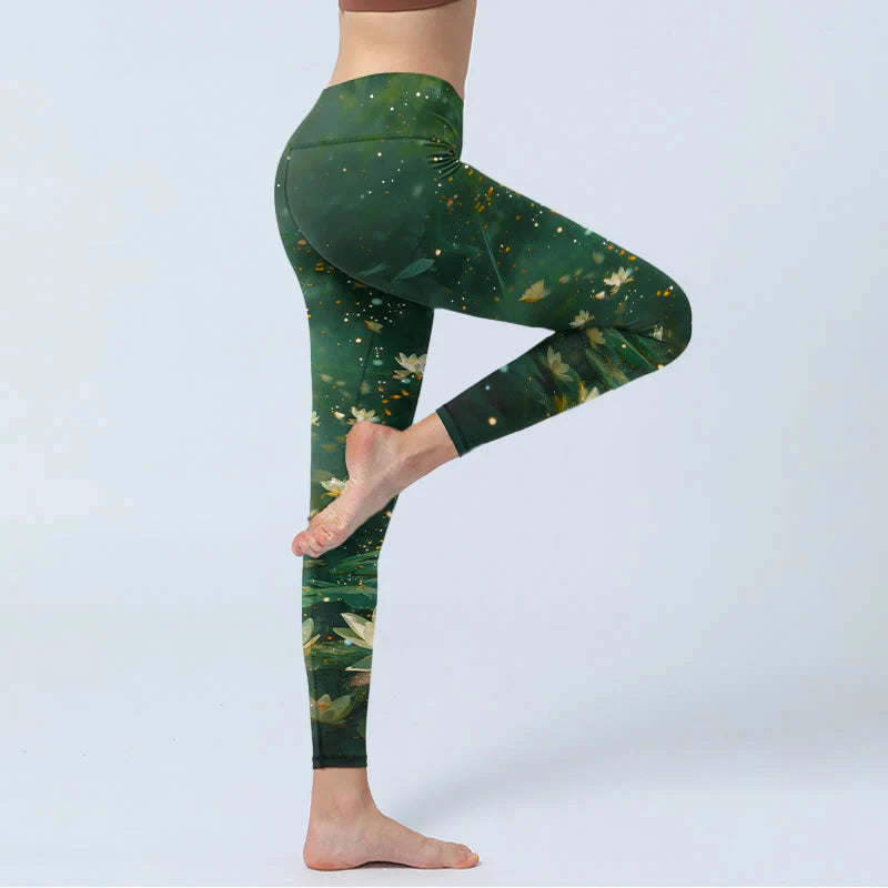 Buddha Stones Dreamlike Lotus Flower Leaf Print Gym Leggings Women's Yoga Pants